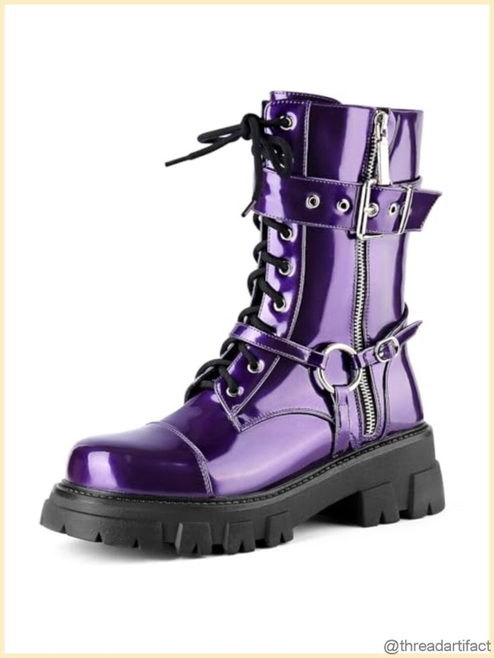 Women's Harness Motorcycle Boots Chunky Mid Calf Combat Goth Boots Lug Sole